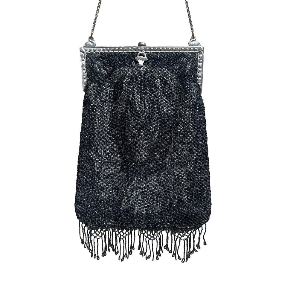 Antique Victorian Art Deco Flapper Black Glass Beaded Floral Bag Purse / Fair